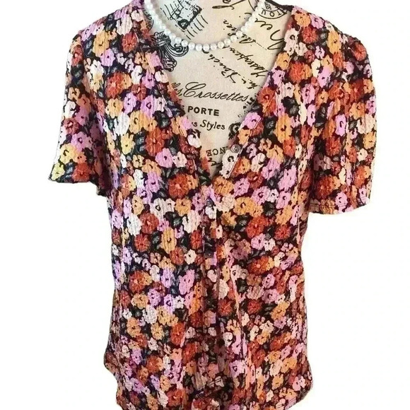 Loft Womens Medium Multicolor Floral Tie Waist Blouse Button Front Stretch S/S - Picture 1 of 6